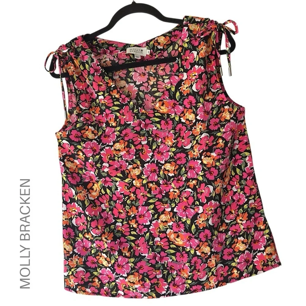 MOLLY BRACKEN | NWOT SLEEVELESS V-NECK PINK FLORAL TANK TOP SHOULDER TIES SMALL